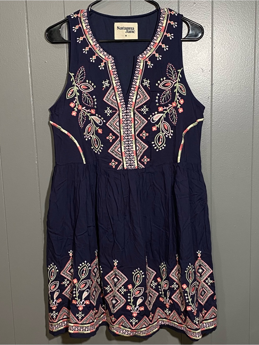 Savanna Jane Size M Navy Blue Sleeveless Floral Embroidered Lined Mini Dress